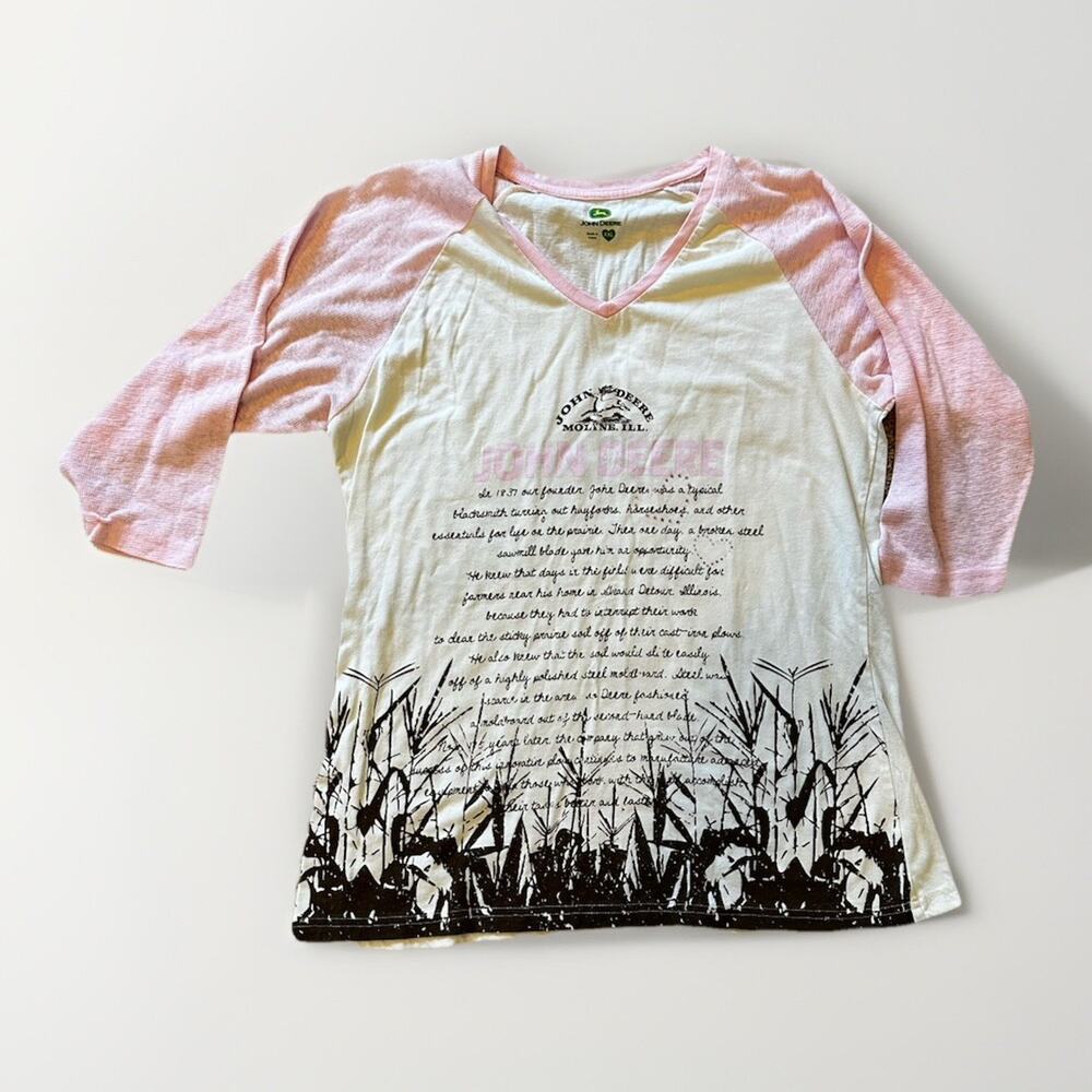 John Deere Womens Graphic Tee XXL Pink White Raglan 3/4 Sleeve V-Neck GUC